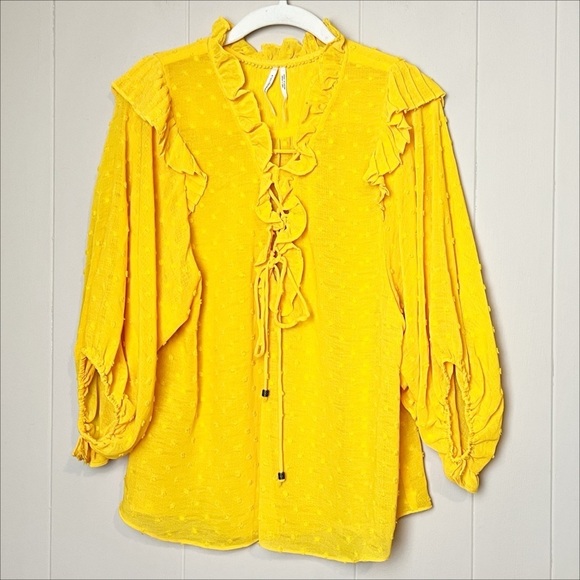 Anthropologie Haida Swiss Dot Peasant Top Small blouse marigold yellow ruffle - Picture 10 of 11